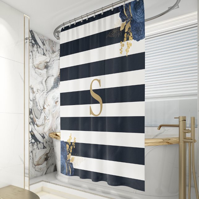 Rideaux De Douche Rayure bleu marine Floral Monogramme or (Créateur téléchargé)