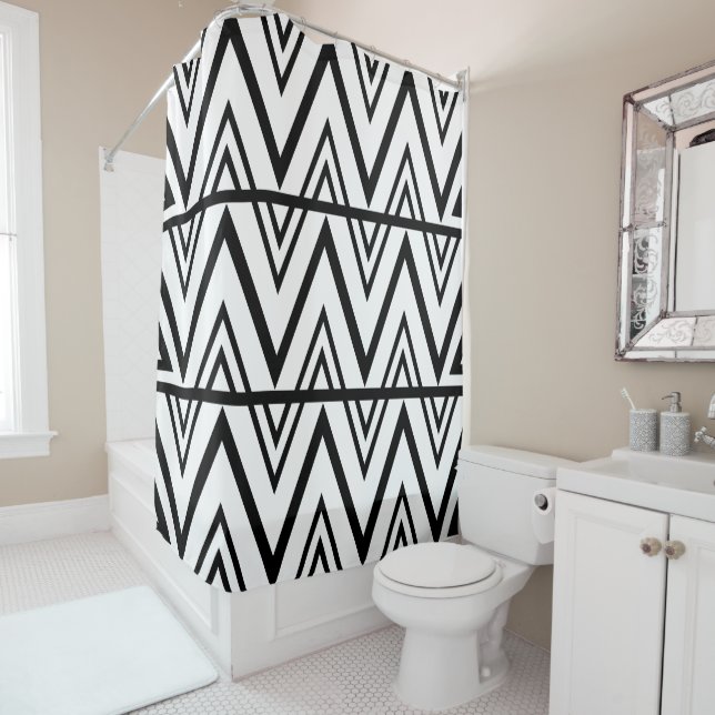 Rideaux De Douche Rayure Chevron Noir et Blanc Chevron Stripe  (En situation)