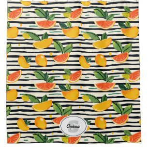 Rideaux De Douche Rayure de fruit tropical jaune orange rose et vert