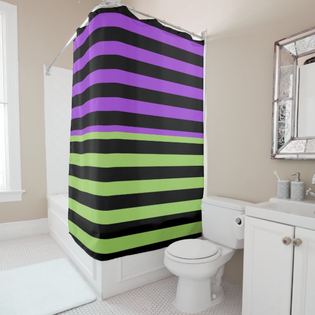 Rideaux De Douche Rayure Halloween Vert Violet & Noir (En situation)