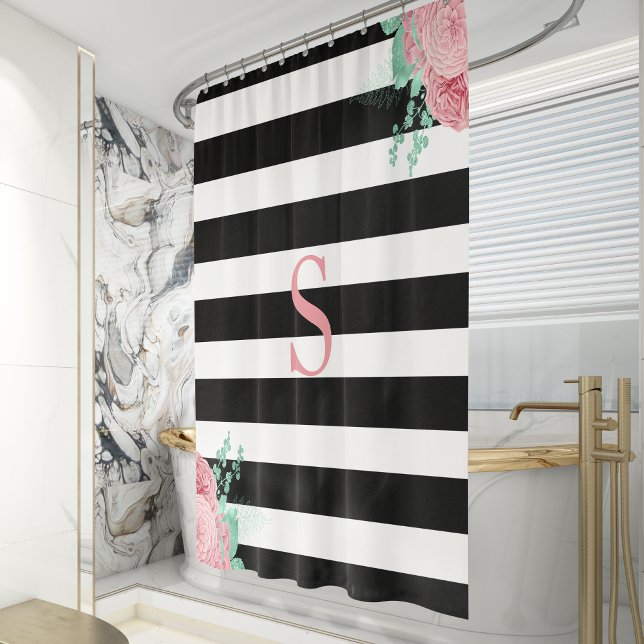 Rideaux De Douche Rayure Noir Blanc Monogramme Floral Vert Menthe Ro (Créateur téléchargé)