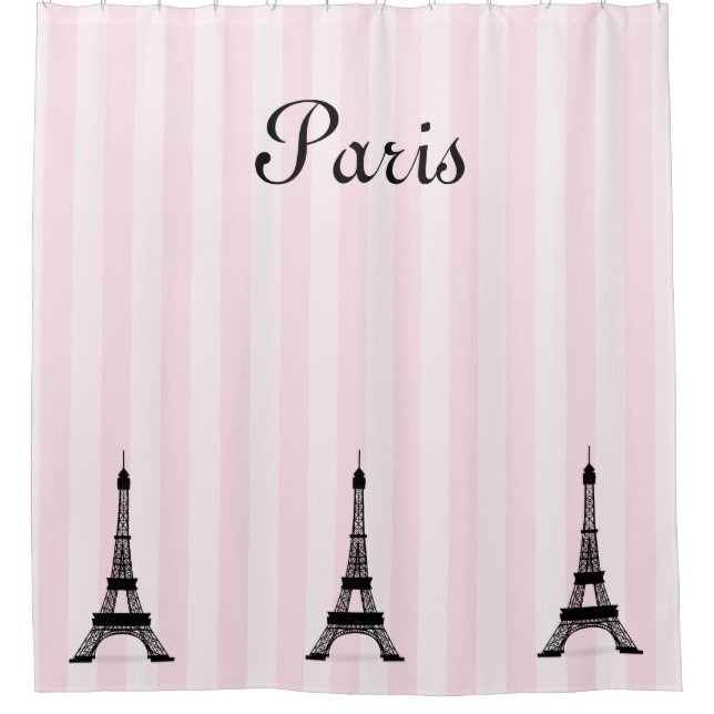 Rideaux De Douche Rayure rose chic de Paris et Tours Eiffel noirs (Devant)