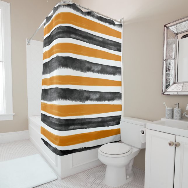 Rideaux De Douche Rayures à l'aquarelle Halloween noir et orange (En situation)