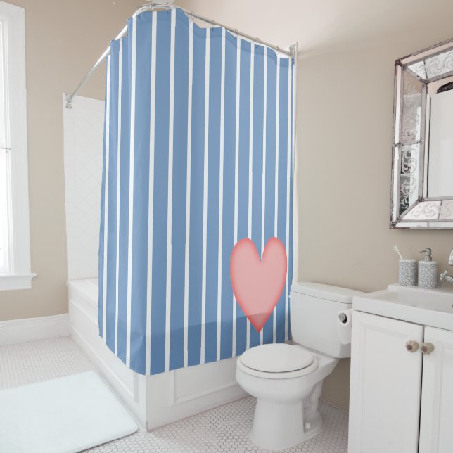 Rideaux De Douche Rayures Bleu Clair avec Cœur Rose (En situation)