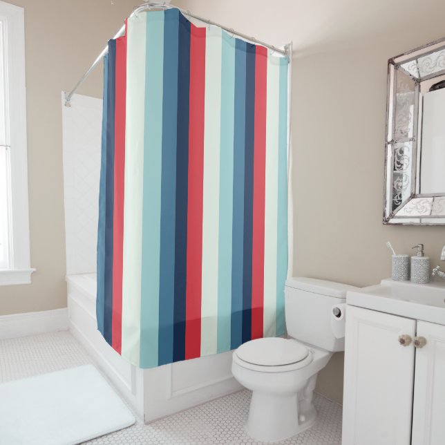 Rideaux De Douche Rayures Bleues Blanches et Rouges (En situation)