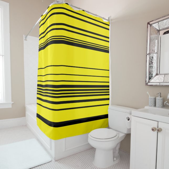 Rideaux De Douche Rayures complexes en noir et jaune (En situation)