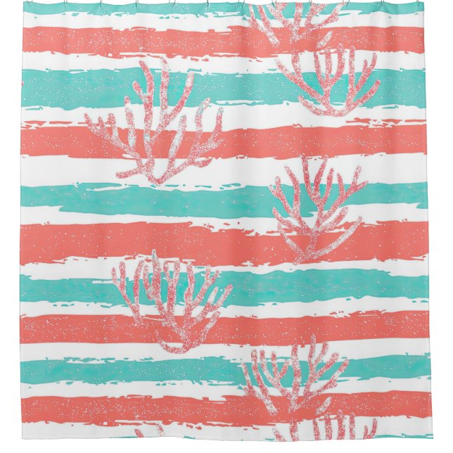 Rideaux De Douche Rayures de corail Motif aquarelle côtière (Devant)