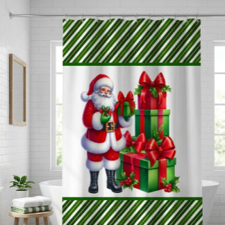 Rideaux De Douche Rayures de Noël vertes avec le Père Noël