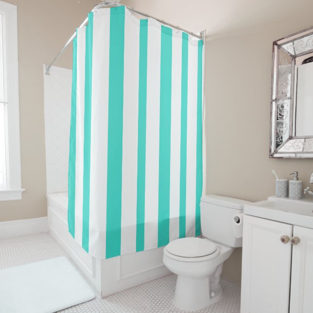 Rideaux De Douche Rayures d'été turquoise et blanc (En situation)