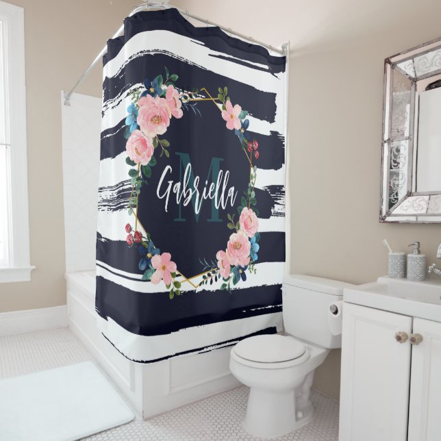 Rideaux De Douche Rayures Et Monogramme De Cadre Floral (En situation)