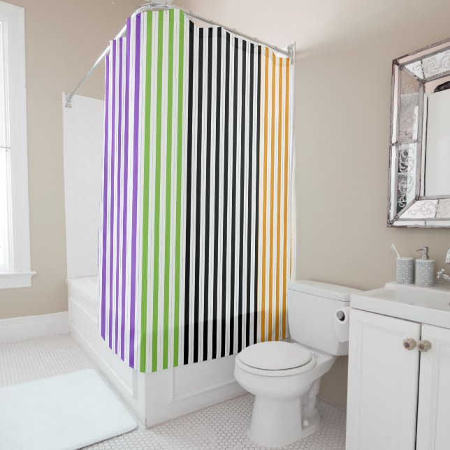 Rideaux De Douche Rayures Halloween Violet Vert Noir Orange (En situation)
