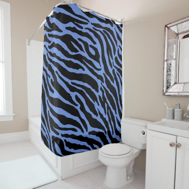 Rideaux De Douche Rayures imprimées d'animaux bleues et noires (En situation)