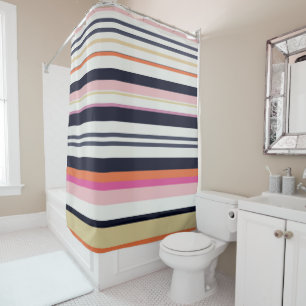 Rideaux De Douche Rayures orange, bleues et roses