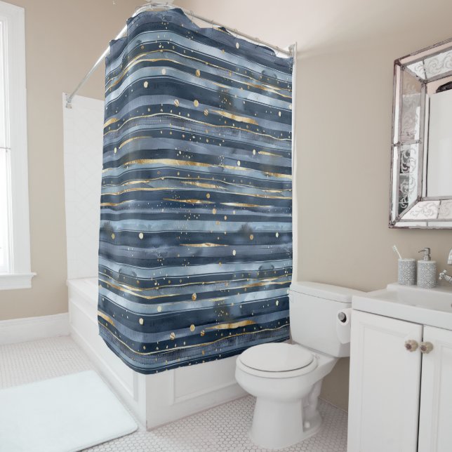 Rideaux De Douche Rayures Points Or Bleu (En situation)