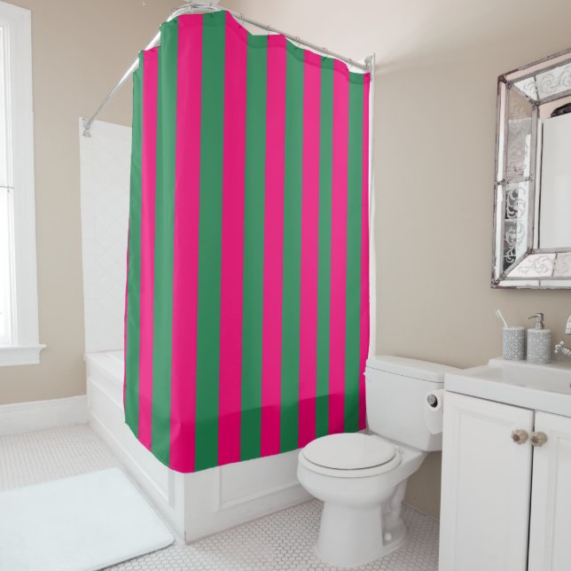 Rideaux De Douche Rayures roses et vertes  (En situation)