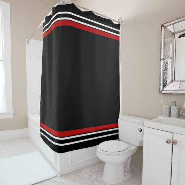 Rideaux De Douche Rayures rouges et blanches noires  (En situation)