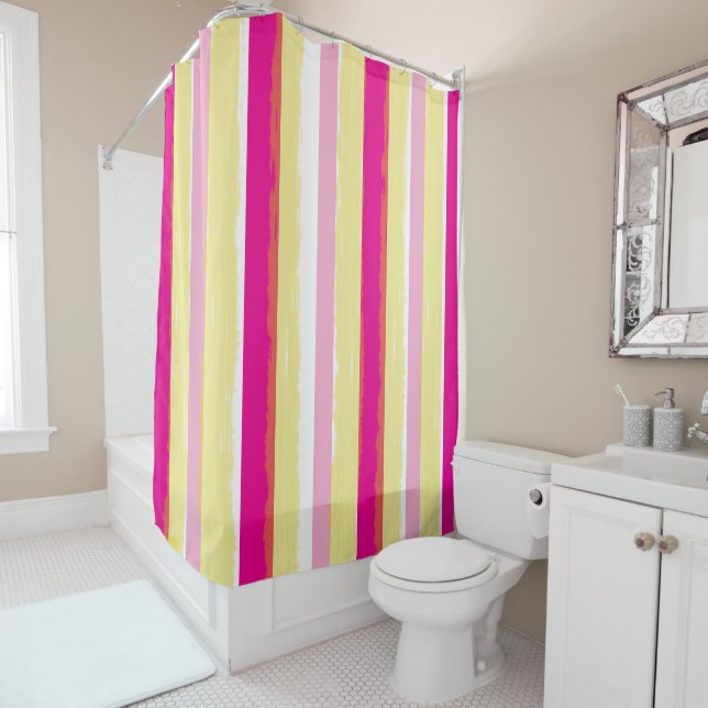 Rideaux De Douche Rayures verticales d'été jaune blanc rose (En situation)