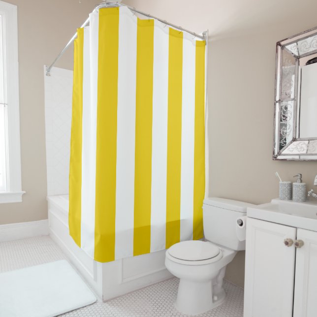 Rideaux De Douche Rayures verticales jaunes et blanches (En situation)