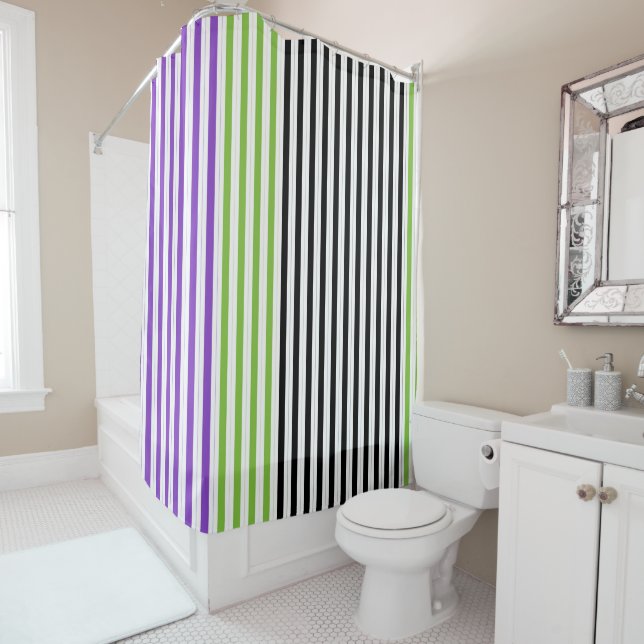 Rideaux De Douche Rayures Violet Vert Noir (En situation)
