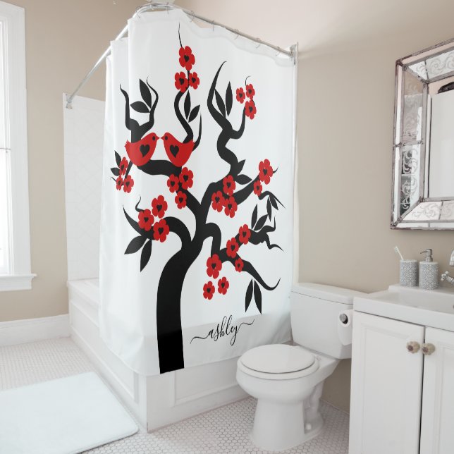 Rideaux De Douche Red Black Love birds sakura cherry tree & blossoms (En situation)