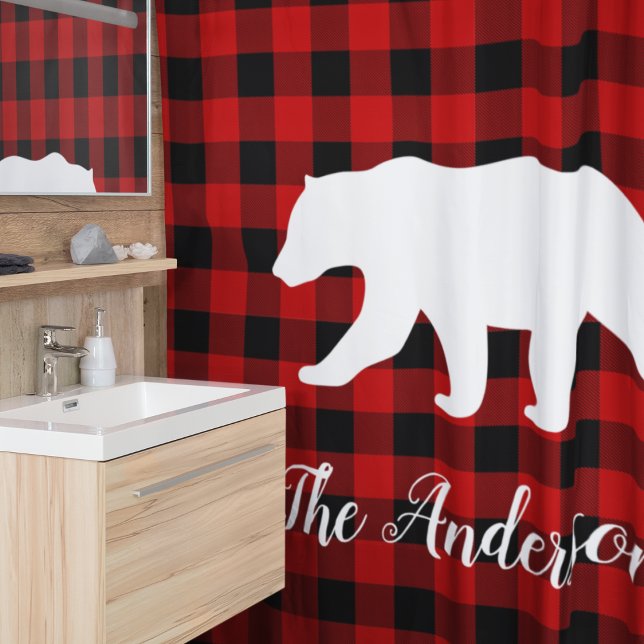 Rideaux De Douche Red Buffalo Plaid & Bear | Nom personnel Cadeau (Créateur téléchargé)