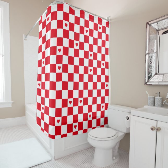 Rideaux De Douche Red Checkered Pattern Background Shower Curtain (En situation)