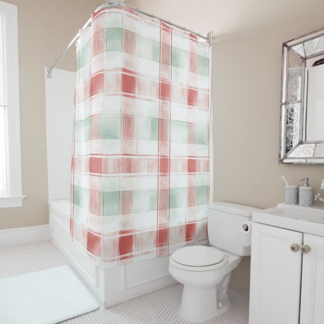 Rideaux De Douche Red Mint Peppermint Mocha Plaid Stripes Christmas (En situation)