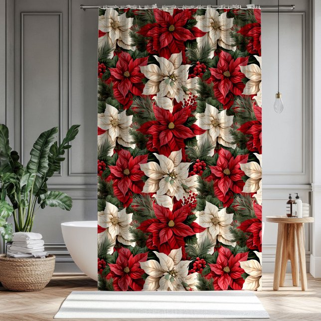 Rideaux De Douche Red Poinsettia Curtain Classic Christmas Elegance (Red Poinsettia Curtain Classic Christmas Elegance)
