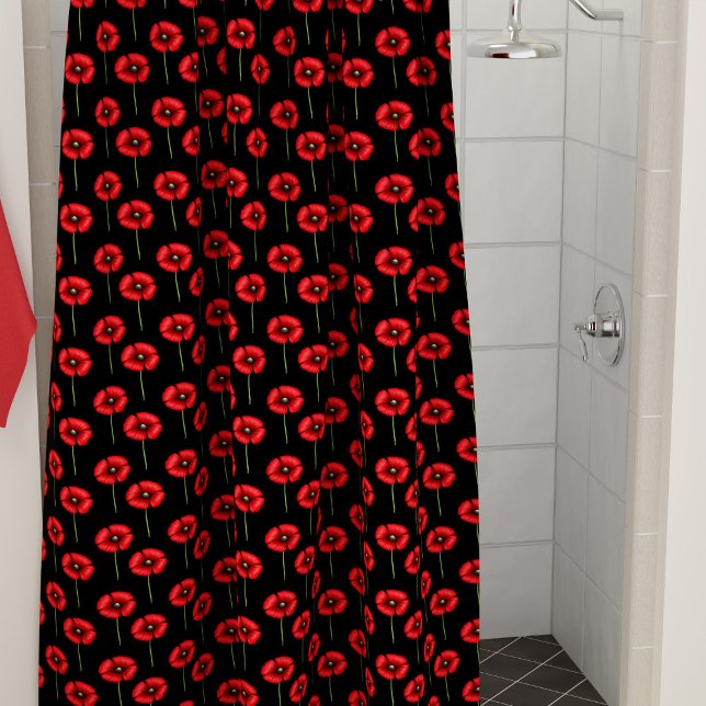 Rideaux De Douche Red Poppy Pattern on Black Shower Curtain (Pop a pop of color in your bathroom with this poppy pattern shower curtain)