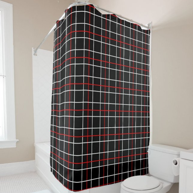 Rideaux De Douche Red White Graphical Lines Black Plaid Design  (Créateur téléchargé)