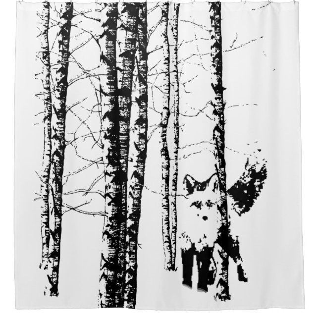 Rideaux De Douche Renard dans la forêt de Birch Blanc Noir Silhouett (Devant)