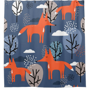Rideaux De Douche Renards et arbres, fond dessiné à la main. Mer col