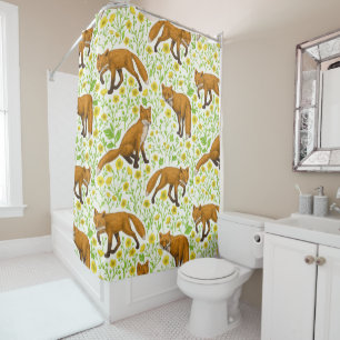 Rideaux De Douche Renards et papillons sur le blanc naturel