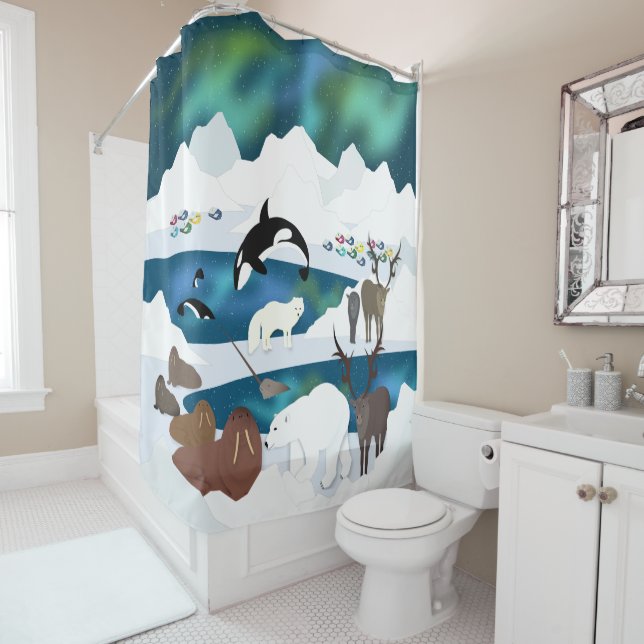 Rideaux De Douche Renne polaire arctique Walrus Orca Narwhal Fox (En situation)