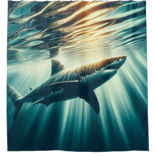 Rideaux De Douche Requin dans la mer bleue profonde & soleil