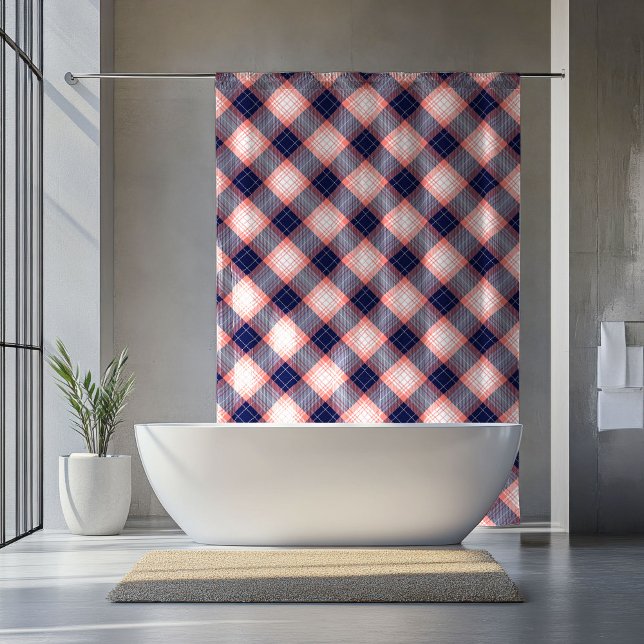 Rideaux De Douche Retirement Gift Curtain Coral Navy Plaid Accent (Retirement Gift Curtain Coral Navy Plaid Accent)