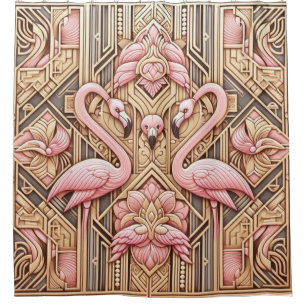 Rideaux De Douche Retraite Flamant Rose   Flamants Rétro Art Déco