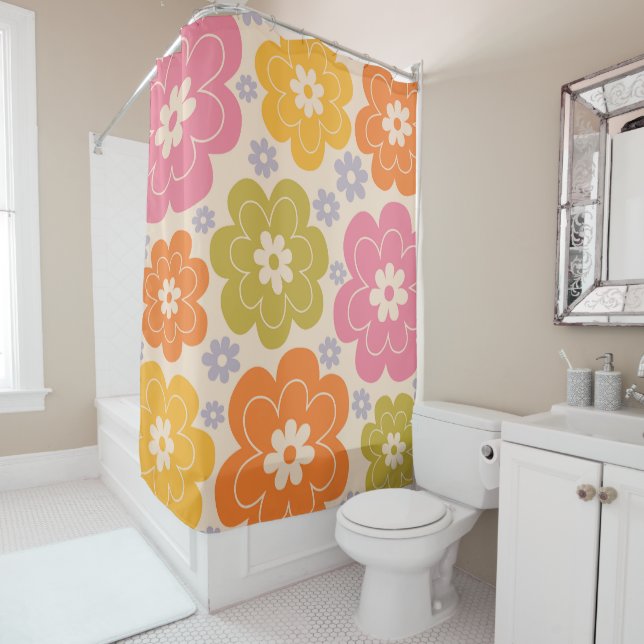 Rideaux De Douche Retro 1960s Style Floral (En situation)