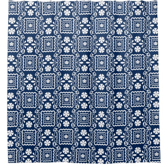 Rideaux De Douche rétro 60 blanc bleu motif floral (Devant)