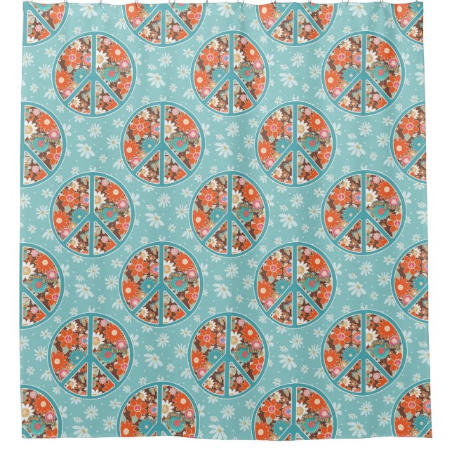 Rideaux De Douche RETRO 60s 70s Hippy Floral Peace Sign Blue Orange  (Devant)