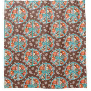 Rideaux De Douche RETRO 60s 70s Hippy Floral Signe de Paix Marron Bl