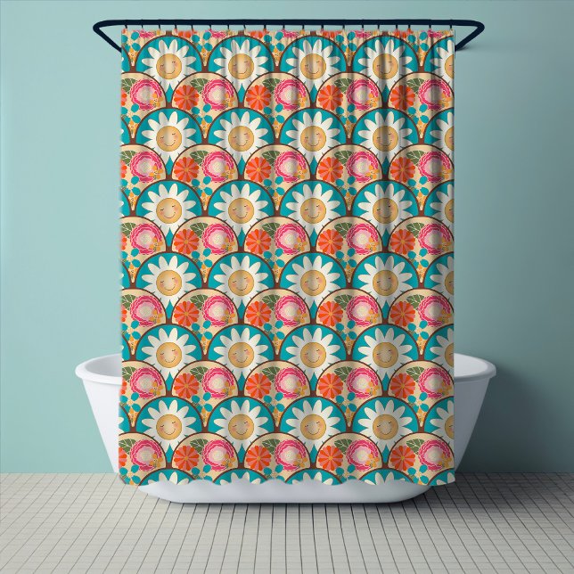 Rideaux De Douche RETRO 70s Scallop Floral Hippy Sunshine In Flowers (Créateur téléchargé)