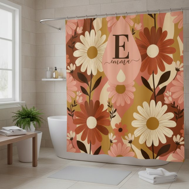 Rideaux De Douche Retro 70s Summer Floral Daisy Custom Name (Créateur téléchargé)
