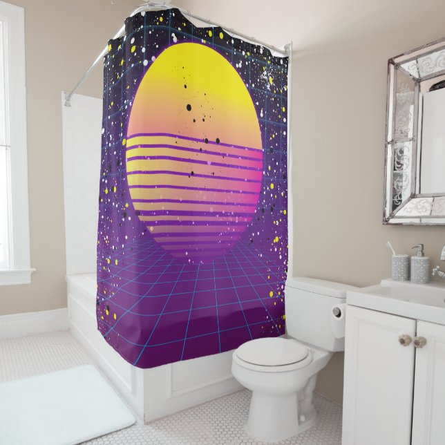 Rideaux De Douche Rétro 80's Soleil Jaune Violet (En situation)