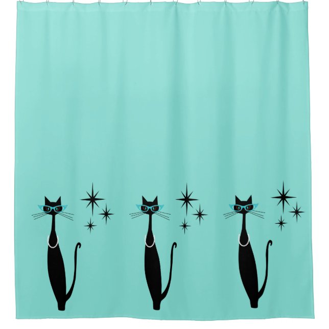 Rideaux De Douche Retro Atomique Moyen Siècle Moderne MCM Chat noir (Devant)