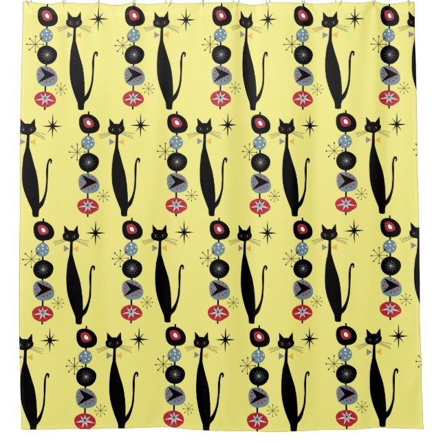Rideaux De Douche Retro Atomique Moyen Siècle Moderne MCM Cool Chat  (Devant)