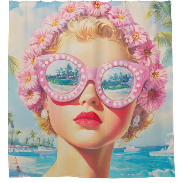 Rideaux De Douche Retro Beach Girl avec lunettes de soleil florales (Devant)