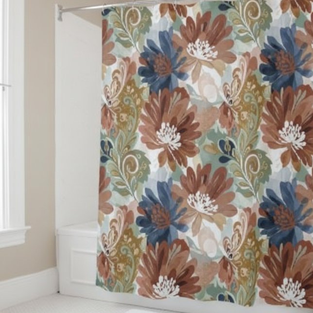 Rideaux De Douche Retro Botanical Floral Shower Curtain (Floral Shower Curtain Autumn Blooms)