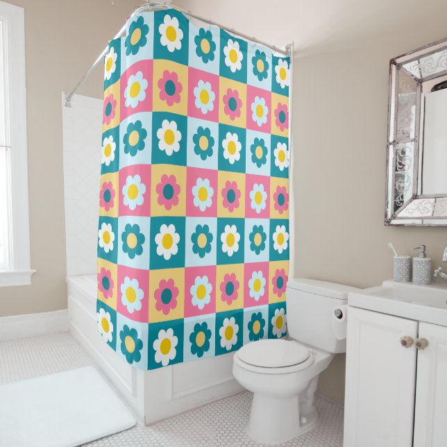 Rideaux De Douche Retro Cute colorful Pastel Flowers Pattern  (En situation)