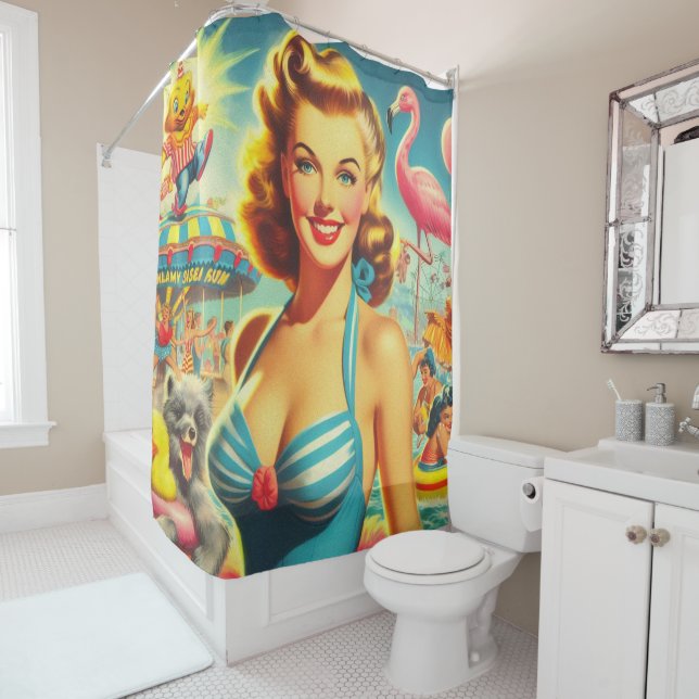 Rideaux De Douche Retro Cute Kitsch Girl (En situation)